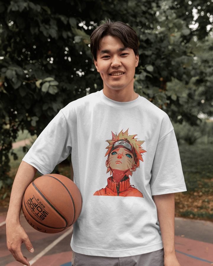 Naruto Uzumaki oversized anime T-shirt in white color.