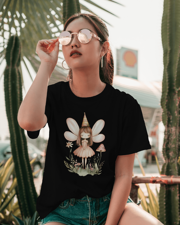 Women's Black Oversized T-Shirt with Fairy Graphic Design