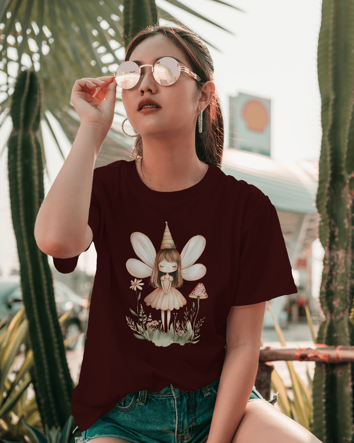 Stylish Fairy Graphic Printed Maroon Oversized T-Shirt for Women