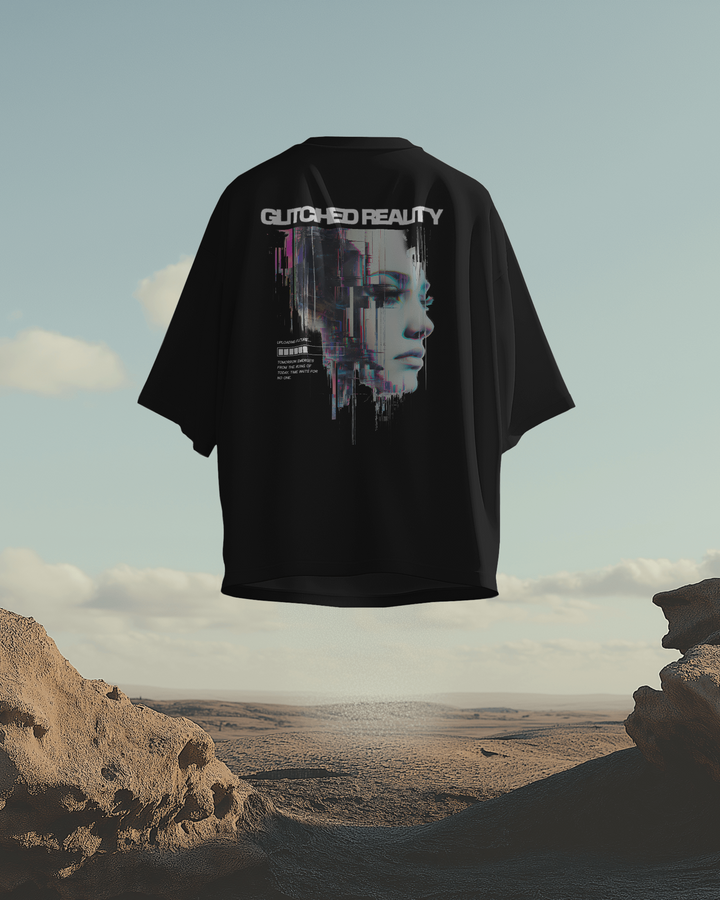 Glitched Reality Oversized T-Shirt displayed in an urban setting