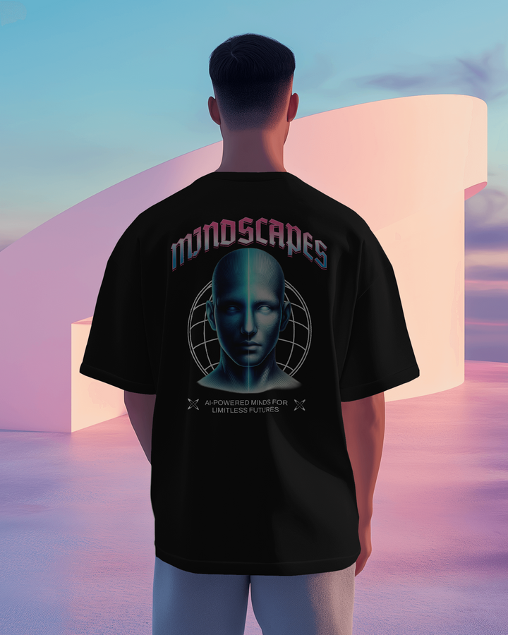 Model wearing Mindscapes Black Oversized T-Shirt for a bold streetwear look