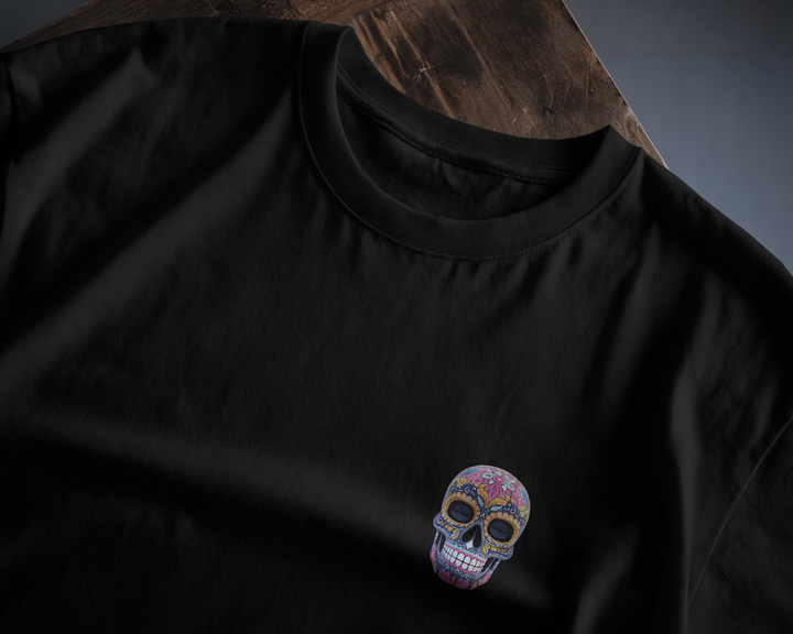 Close-up of Fearless T-Shirt gothic text and holographic skull design"