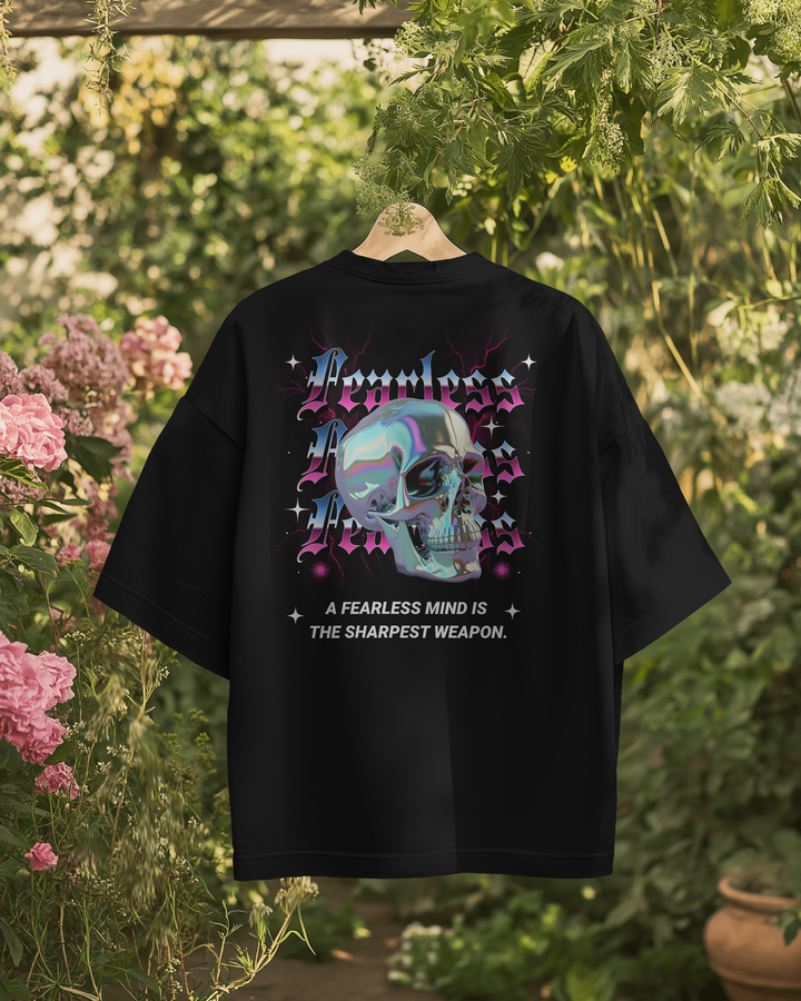 Fearless Oversized T-Shirt displayed outdoors with striking skull design