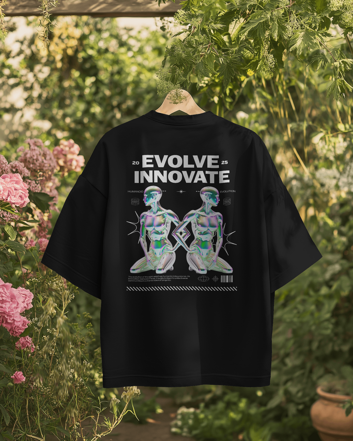 Back view of Evolve Innovate T-Shirt showcasing humanoid futuristic holographic artwork