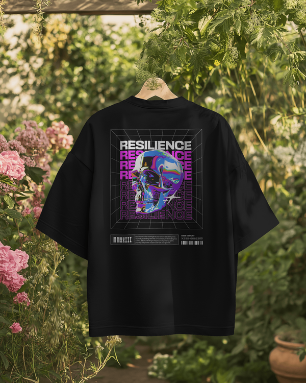 Back view of Resilience Skull Oversized T-Shirt showcasing detailed artwork