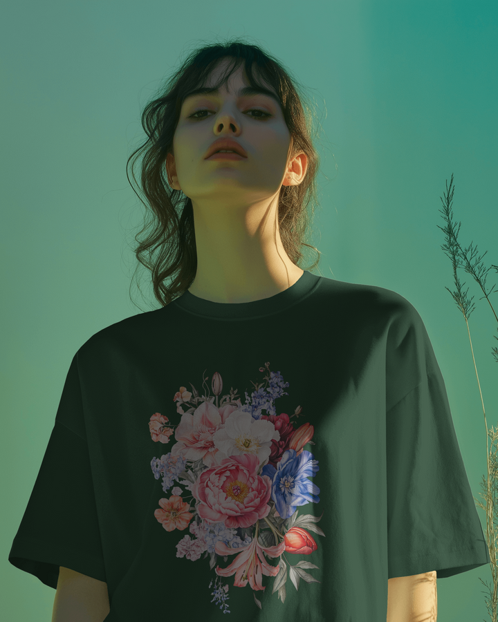 Stylish Floral Printed Bottle Green Oversized T-Shirt for Women