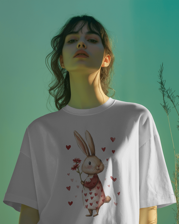 White Women's Oversized T-Shirt with Rabbit Graphic Print