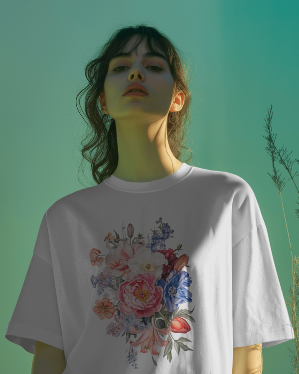 White Women's Oversized T-Shirt with Elegant Floral Graphic Print