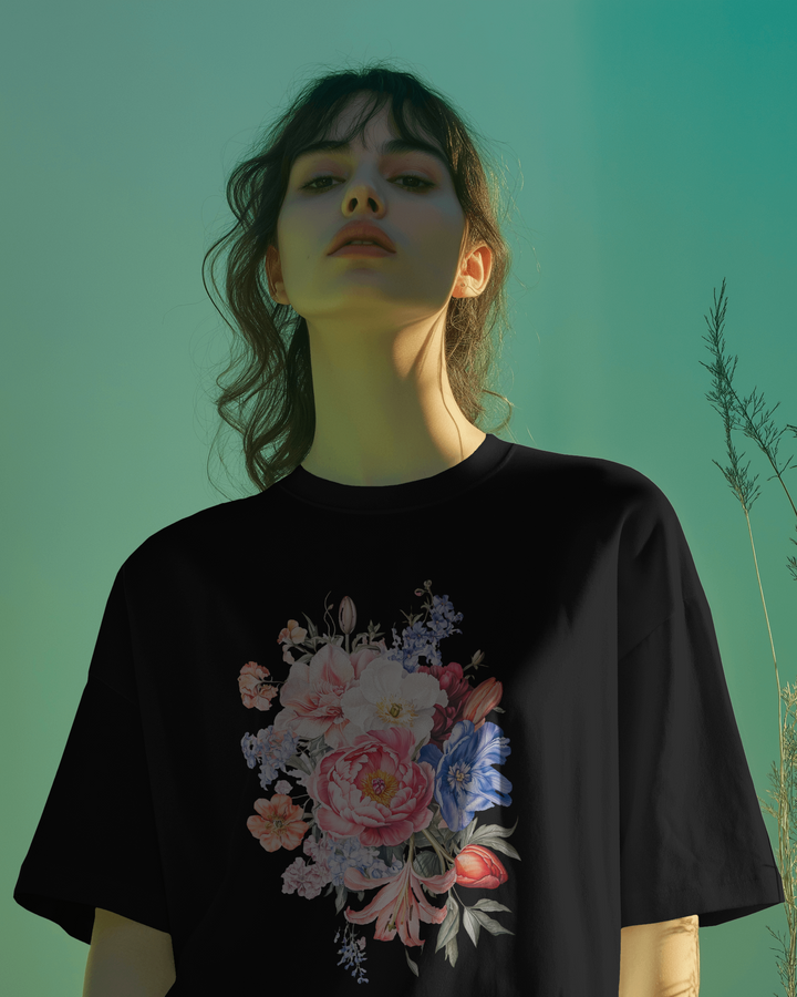 Black Relaxed Fit Women's Oversized Cotton T-Shirt with Floral Design