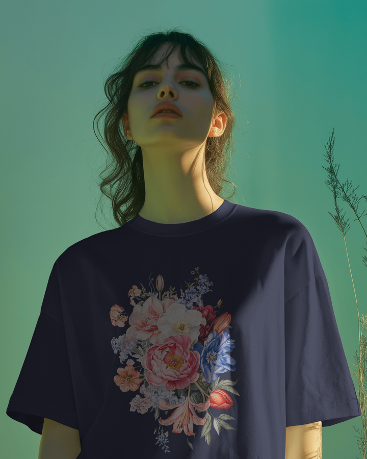 Stylish Floral Printed Navy Blue Oversized T-Shirt for Women