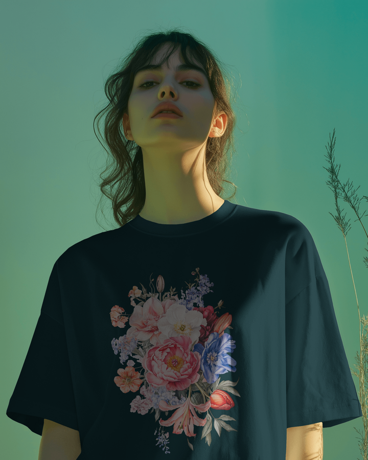 Petrol Blue Women's Oversized T-Shirt with Elegant Floral Graphic Print