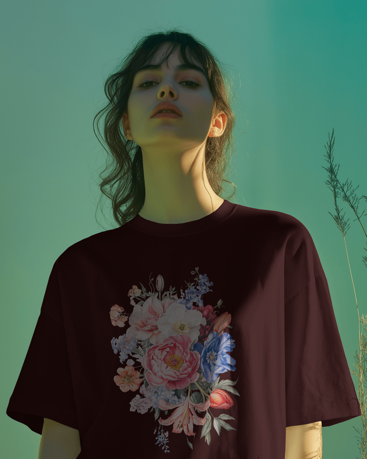 Relaxed Fit Women's Maroon Oversized Cotton T-Shirt with Floral Design