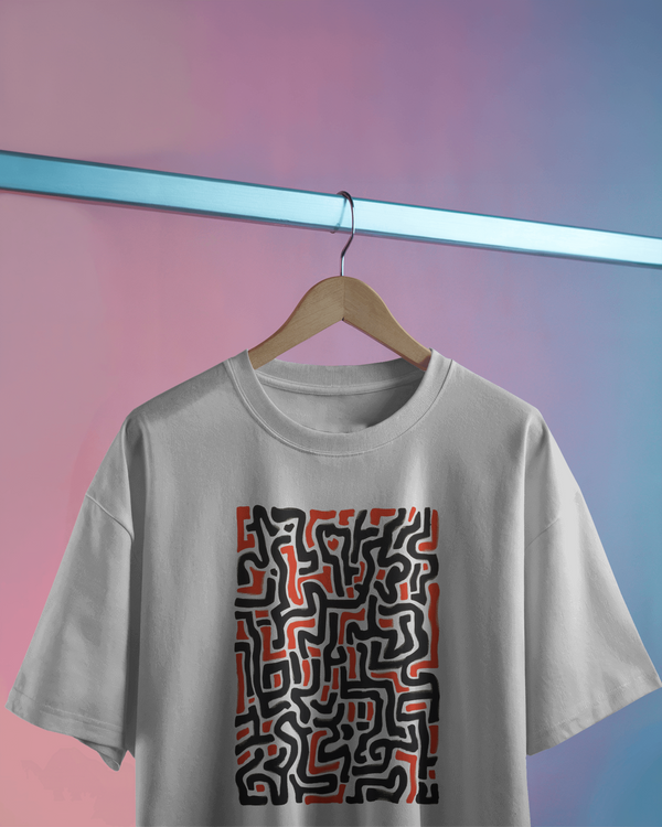 White Oversized T-Shirt with Modern Graphic Design Hanging