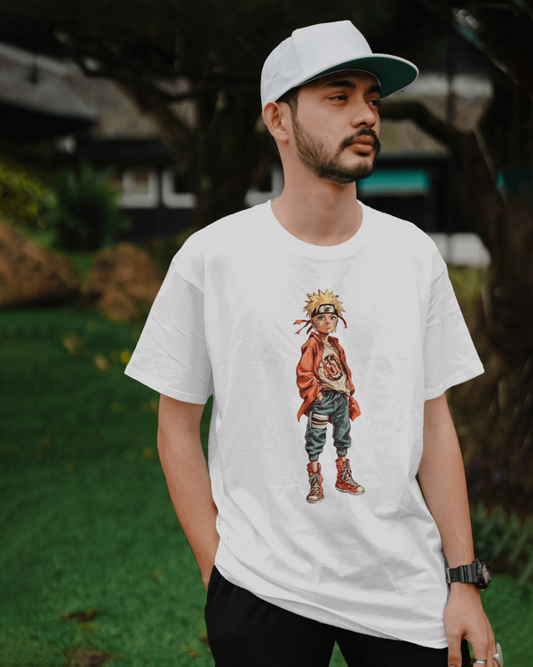 model wearing white Naruto Graphic Oversized T-Shirt