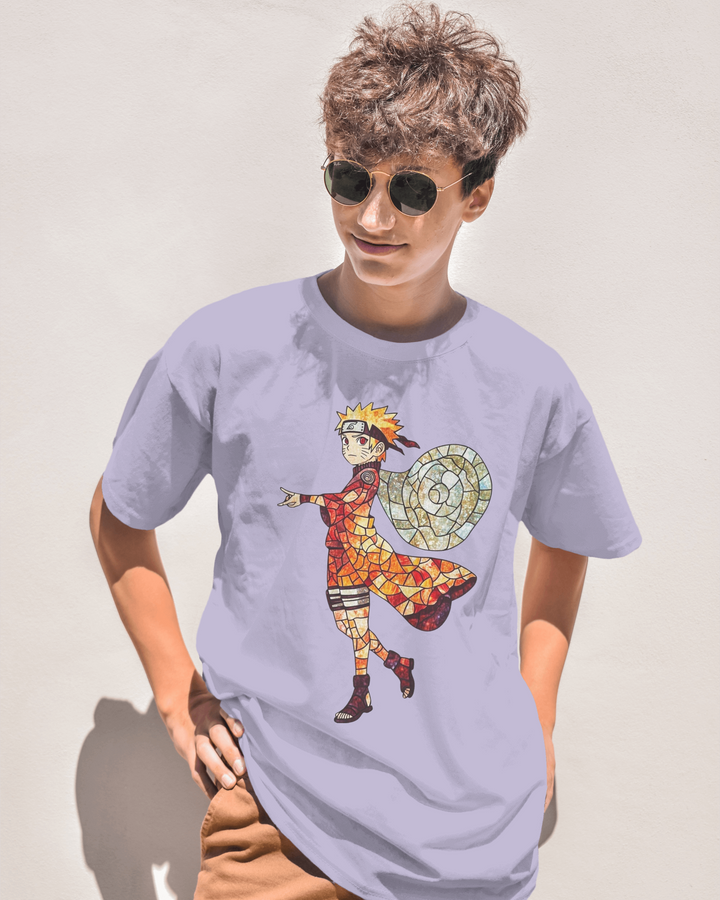 Model wearing Naruto Anime Mosaic T-Shirt - Lavender Variant