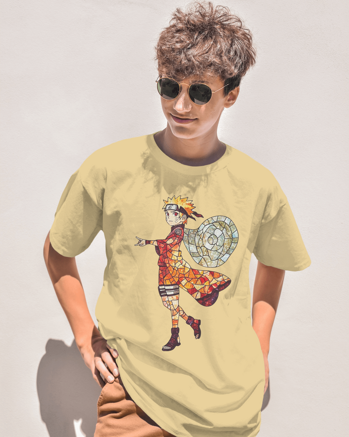 Model wearing Naruto Anime Mosaic T-Shirt - Beige Variant