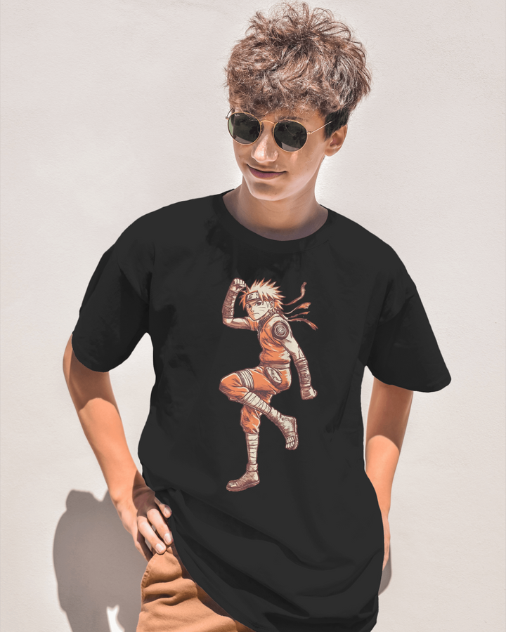 indian guy wearing of black Naruto anime oversized T-shirt