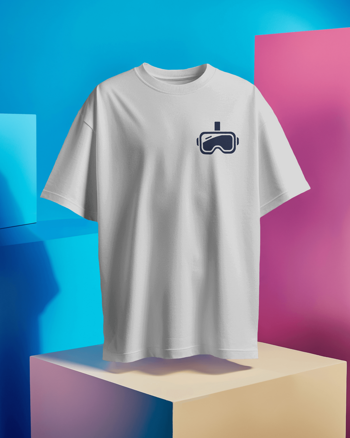 Front view of Beyond Reality white oversized T-shirt with sleek headset icon