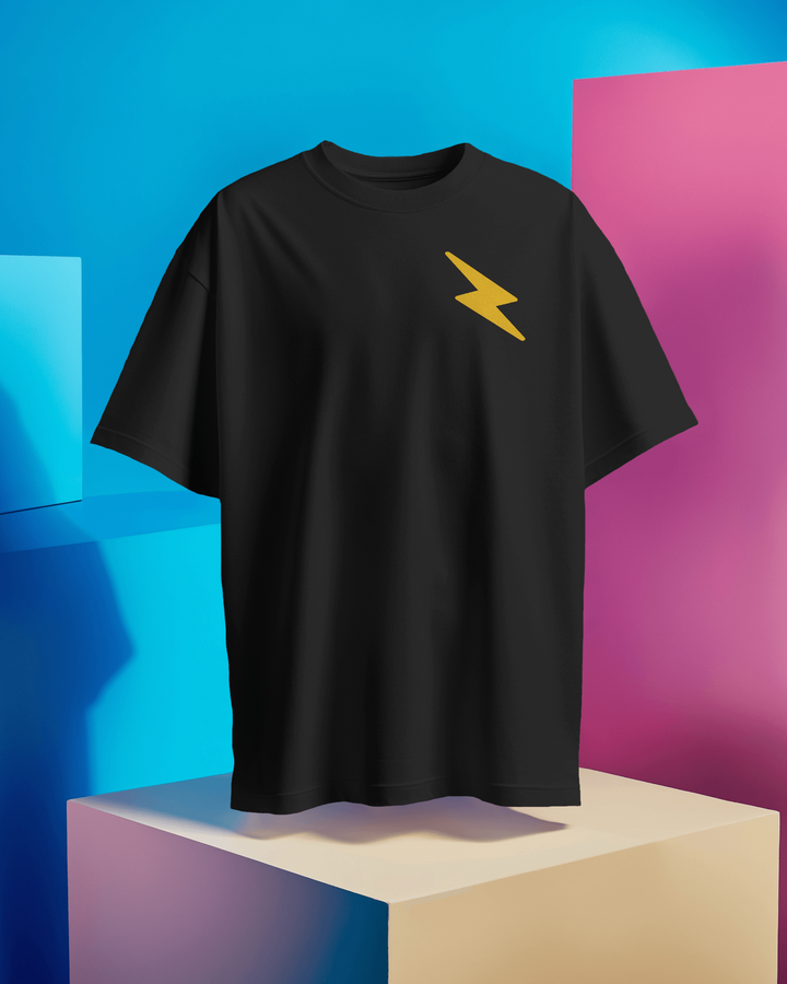 Front view of ElectroRex Black Oversized T-Shirt for Men