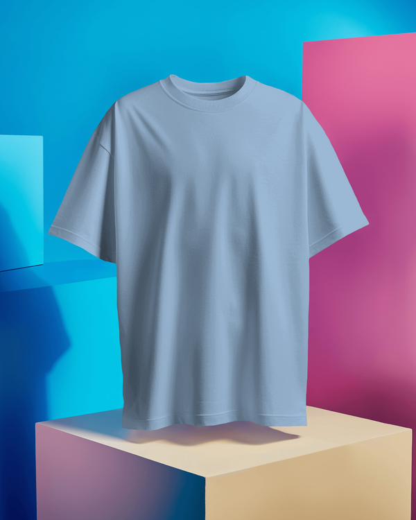 Front view of baby blue plain oversized t-shirt for men, 100% cotton