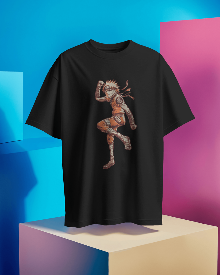 Front view of Naruto anime oversized T-shirt in black