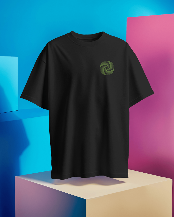 Front view of Oblivion-9 Black Oversized T-Shirt with futuristic swirl design