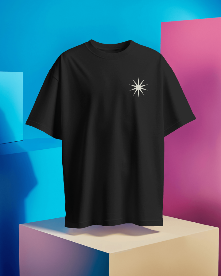 Front view of RetroWave Black Oversized T-Shirt with futuristic graphic design