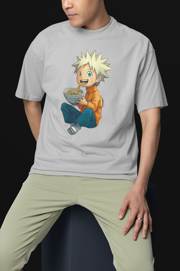 Naruto Ramen Oversized T-Shirt Front View - Grey Melange