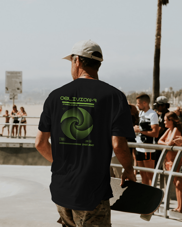 Side view of Oblivion-9 Black Oversized T-Shirt for casual streetwear