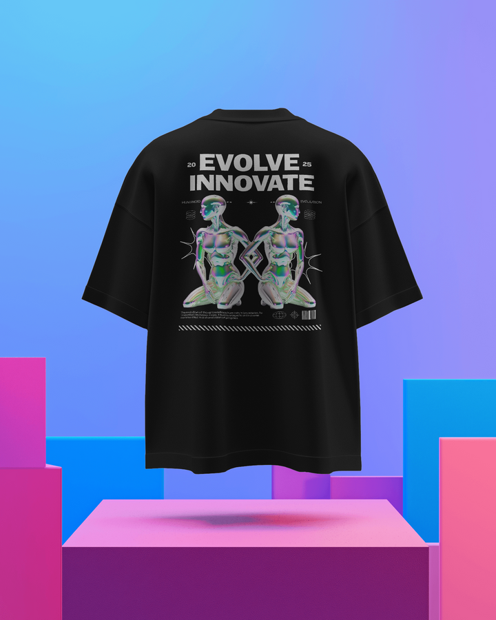 Detailed view of Evolve Innovate Oversized T-Shirt humanoid artwork design