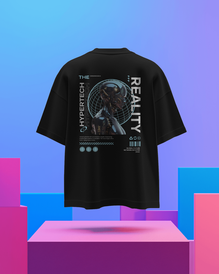 Back view of Hypertech Oversized T-Shirt featuring a bold humanoid graphic design