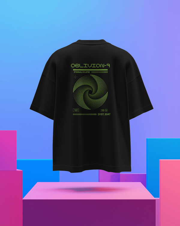 Back view of Oblivion-9 T-Shirt featuring bold swirl graphic