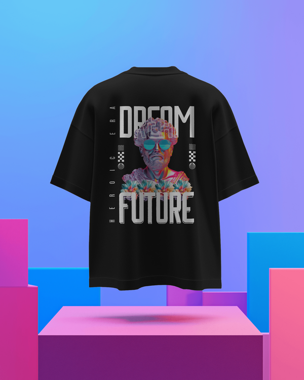 Dream Future black oversized T-shirt with futuristic graphic for men