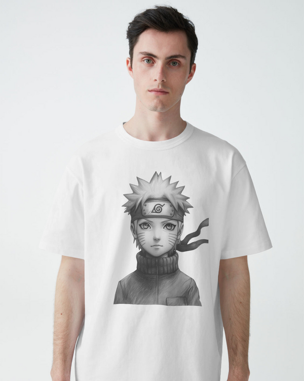 Naruto Grayscale Anime Oversized T-Shirt - White Front View