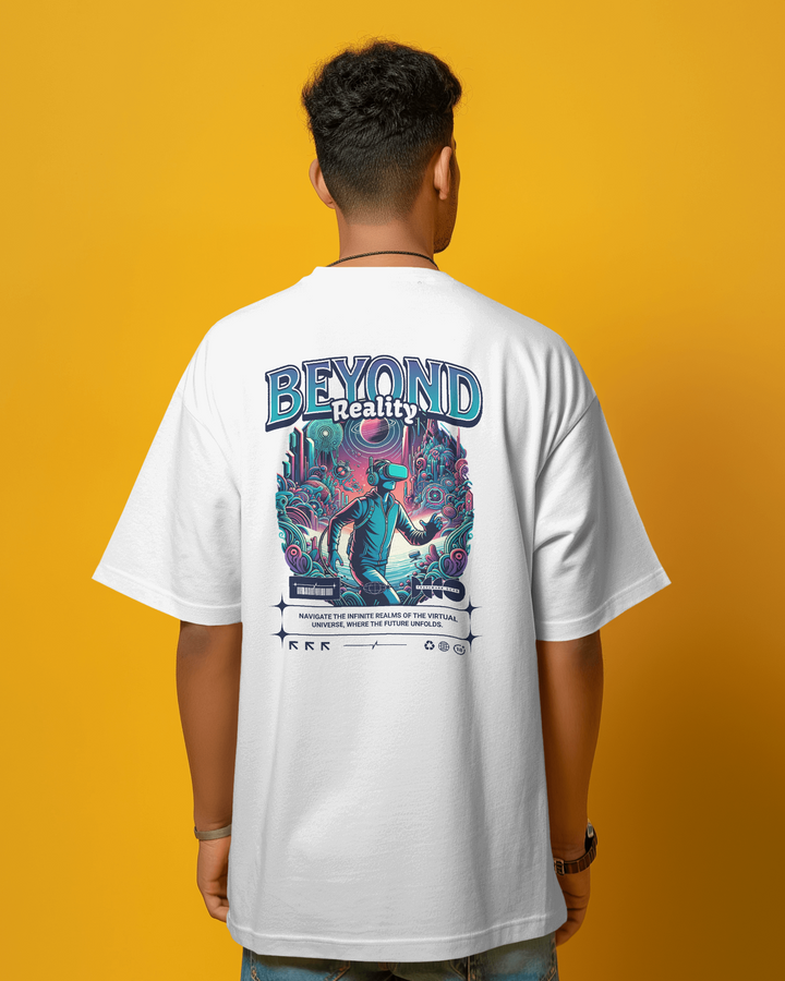 stylish white oversized T-shirt showcasing futuristic graphics