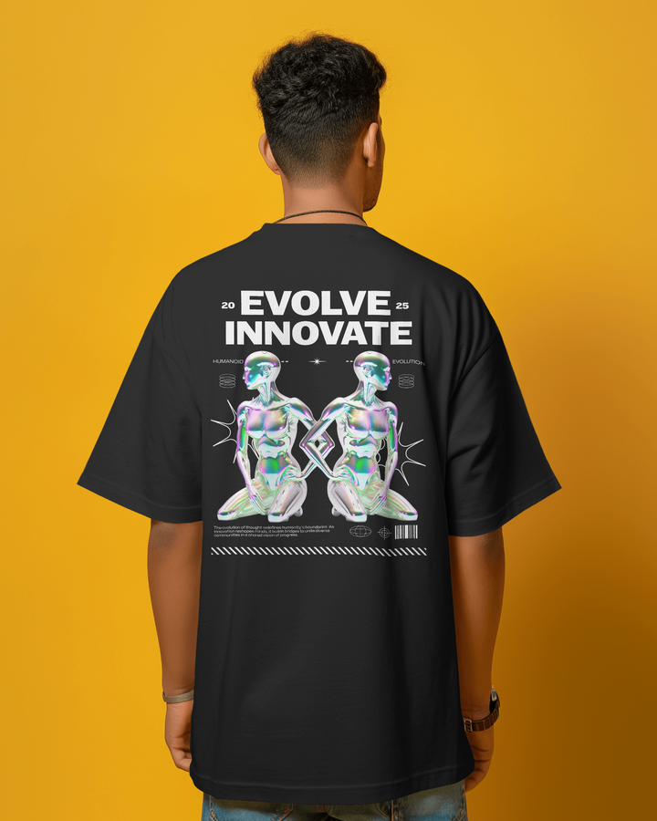 Back view of Evolve Innovate T-Shirt showcasing humanoid futuristic holographic artwork