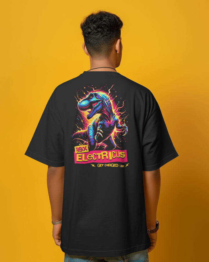 Model wearing ElectroRex Black Oversized T-Shirt for streetwear look