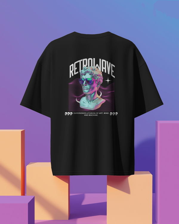 Back view of RetroWave Oversized T-Shirt showcasing bold design details