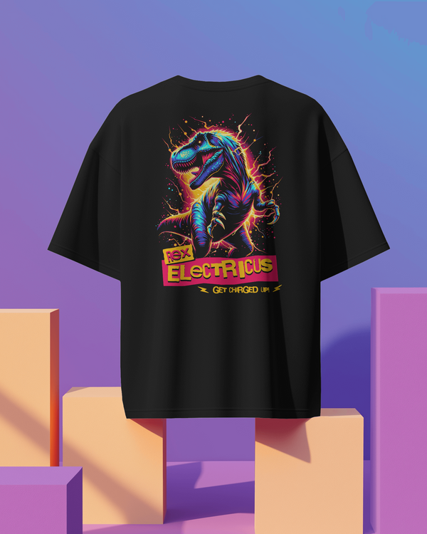 Back view of ElectroRex Black Oversized T-Shirt with bold dinosaur graphic