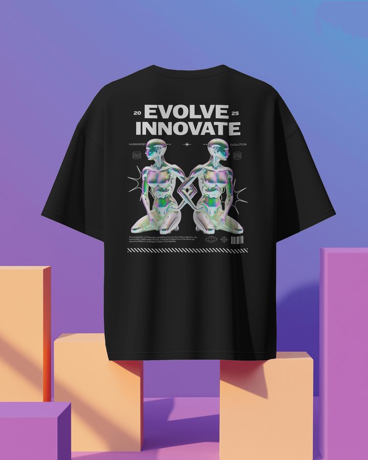 Back view of Evolve Innovate T-Shirt featuring a bold evolution-inspired design