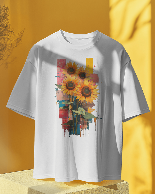 Unisex Oversized T-Shirt with Sunflower Graphic Print - White