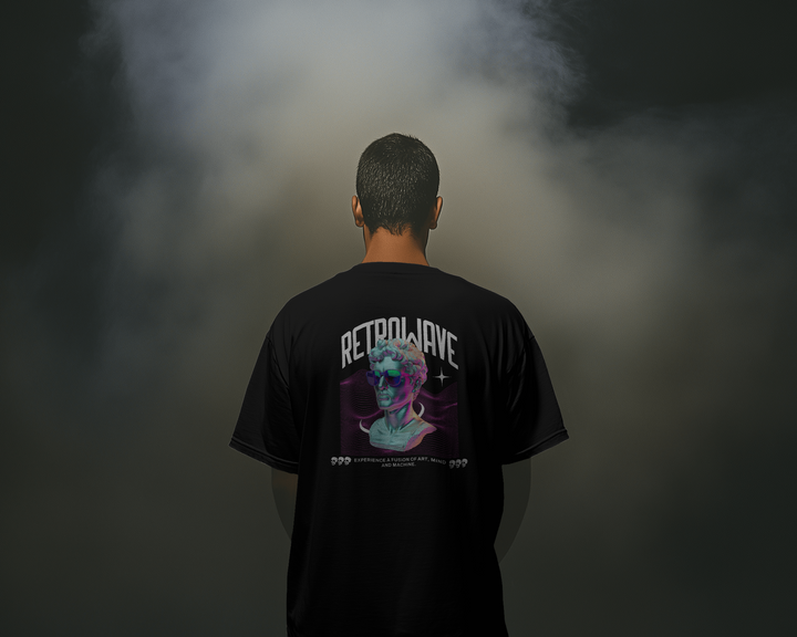 Close-up view of the RetroWave graphic artwork on T-shirt