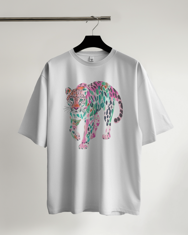 Men's Oversized White T-Shirt with Leopard Graphic Design