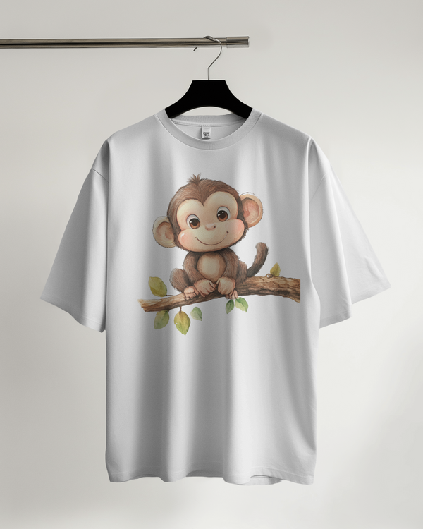 White Oversized T-Shirt with Monkey Graphic Print