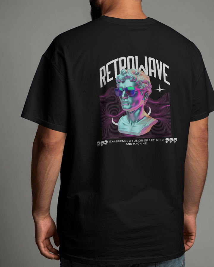 Model wearing RetroWave Black Oversized T-Shirt for men in a stylish pose