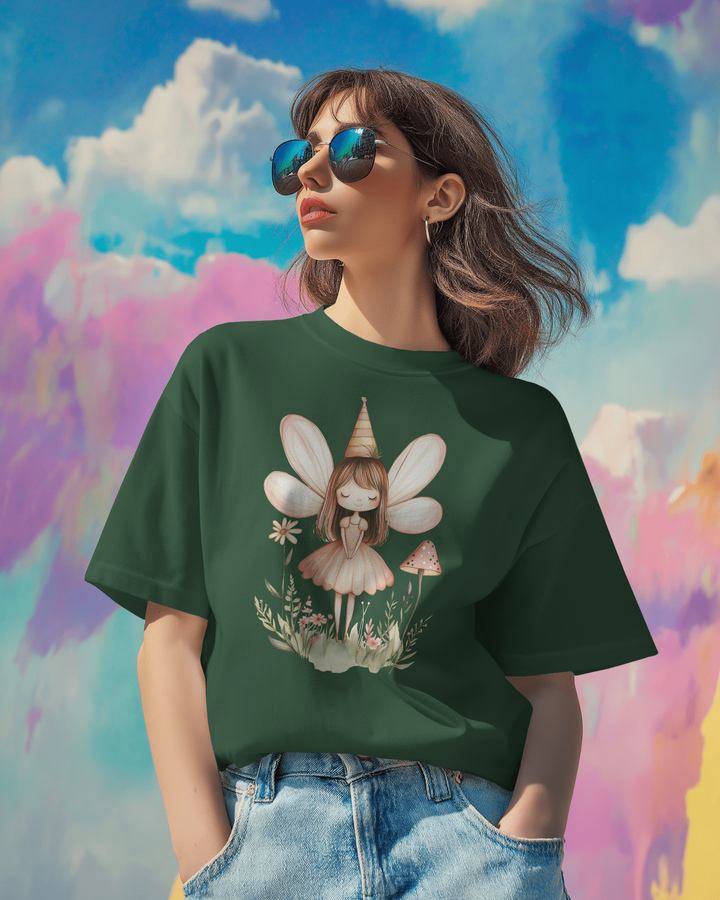 Women's Bottle Green Oversized T-Shirt with Fairy Graphic Design