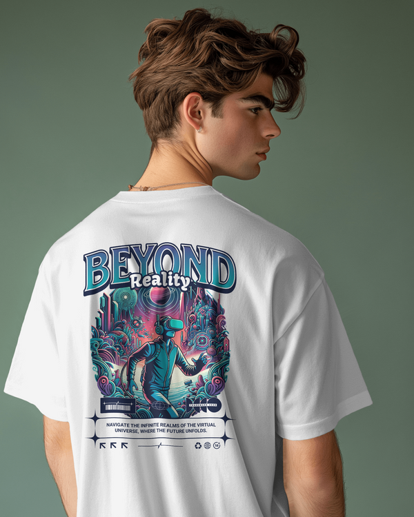 Beyond Reality white oversized T-shirt back design with VR-inspired print