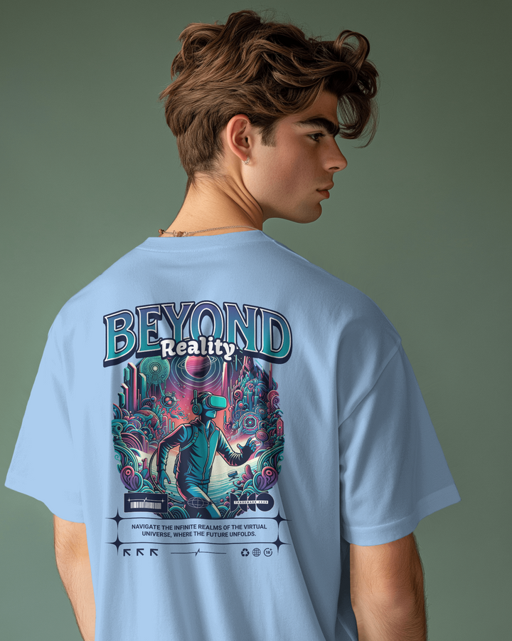 Beyond Reality baby blue oversized T-shirt back design with VR-inspired print