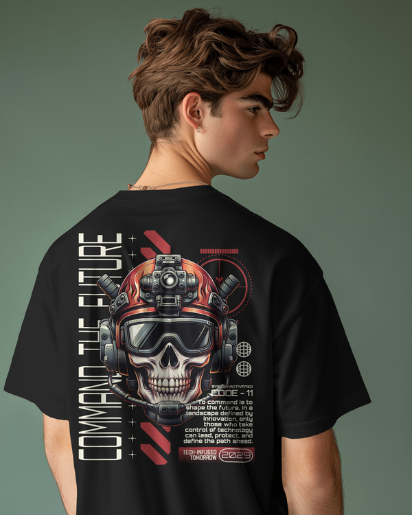 Men's oversized black T-shirt with futuristic skull graphic design on the back.