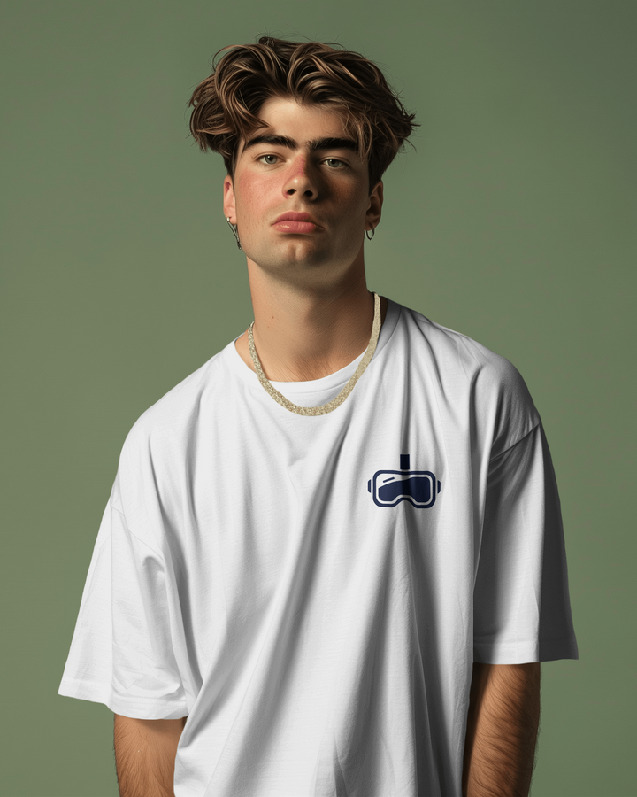 model wearing Beyond Reality white oversized T-shirt